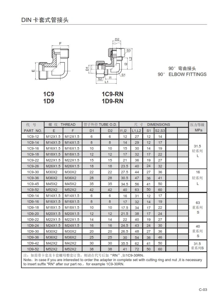 1C9 / 1D9-RN Elleboogkoppelingsfittingen DIN 2352